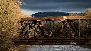 A bridge over water with trees and a mountain in the background
Description automatically generated