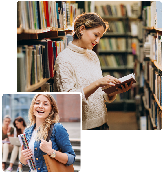 Two images depict a woman engrossed in a library, surrounded by books, while another woman radiates joy with a warm smile
